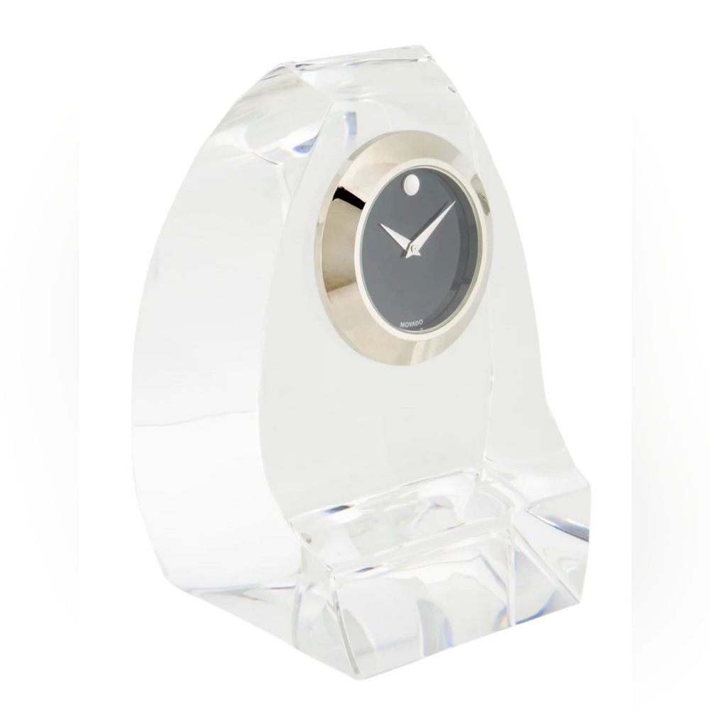 MOVADO TCL000136M BLACK SILVER DIAL FACE CLEAR CRYSTAL DESK CLOCK